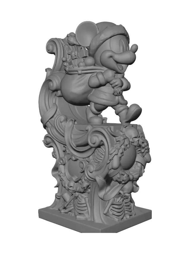 3D model for Hyper-realistic wooden carved Rococo–Art Nouveau caricatural chibi statue of a cheerful anthropomorphic mouse dressed as a festive winter gift-bearer, carrying an oversized patchwork sack filled with toys and sweets. The exaggerated smile, rounded nose and playful stride create a whimsical silhouette. Flowing fur trim, ribbons, candy canes and decorative winter ornaments explode outward into monumental S-curved Rococo scrollwork and elegant Art Nouveau ribbons forming an integrated console-pillar. Skeletal fragments are transformed into decorative cartouches, festive skull motifs and ornamental volutes hidden among the holiday decorations.Material:hardwood.Polychrome:deep weary colours ,pale skin ,crimson reds, ivory whites, candy-striped accents