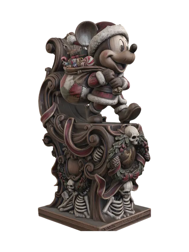 3D model for Hyper-realistic wooden carved Rococo–Art Nouveau caricatural chibi statue of a cheerful anthropomorphic mouse dressed as a festive winter gift-bearer, carrying an oversized patchwork sack filled with toys and sweets. The exaggerated smile, rounded nose and playful stride create a whimsical silhouette. Flowing fur trim, ribbons, candy canes and decorative winter ornaments explode outward into monumental S-curved Rococo scrollwork and elegant Art Nouveau ribbons forming an integrated console-pillar. Skeletal fragments are transformed into decorative cartouches, festive skull motifs and ornamental volutes hidden among the holiday decorations.Material:hardwood.Polychrome:deep weary colours ,pale skin ,crimson reds, ivory whites, candy-striped accents