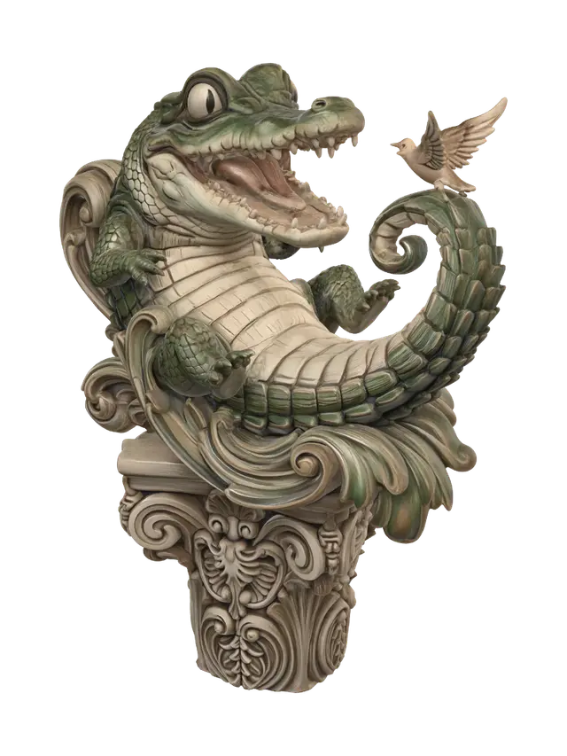 Modello 3D Hyper-realistic wooden carved Rococo–Art Nouveau caricatural chibi statue of a… - Terrified, generato dall’IA