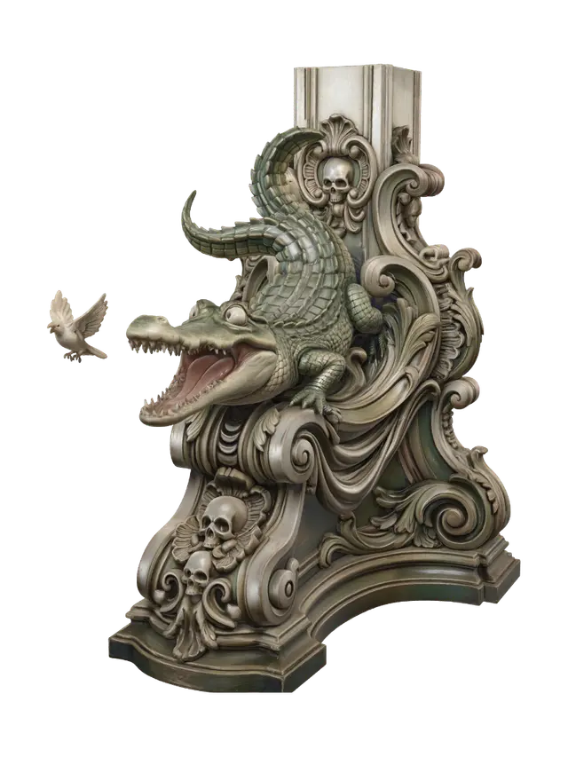Modello 3D Hyper-realistic wooden carved Rococo–Art Nouveau caricatural chibi statue of a… - Terrified, generato dall’IA