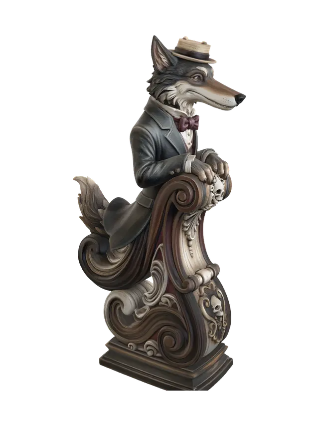 Hyper-realistic wooden carved Rococo–Art Nouveau caricatural chibi statue of… - Sophisticated 3D model, vytvořený pomocí AI