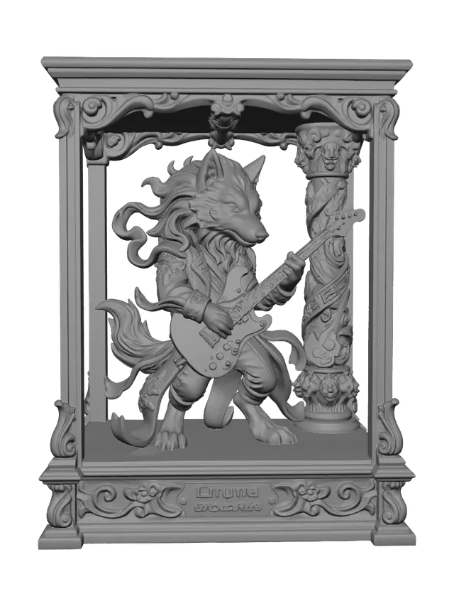 3D model for Hyper-realistic wooden carved Rococo–Art Nouveau caricatural chibi statue of an energetic wolf rock musician performing with an electric guitar. Wild hair spikes, chains, striped trousers and leather jacket explode outward into sweeping Rococo S-scrolls and flowing Art Nouveau ornamental ribbons. The guitar neck twists upward into an architectural support element integrated into a monumental console-pillar. Musical notes, amplifiers, stage lights and skeletal motifs dissolve into decorative cartouches, volutes and gothic rocaille ornament.Material:hardwood.Polychrome:deep weary colours ,pale skin ,deep black, crimson red, faded yellow, silver-grey and antique gold accents