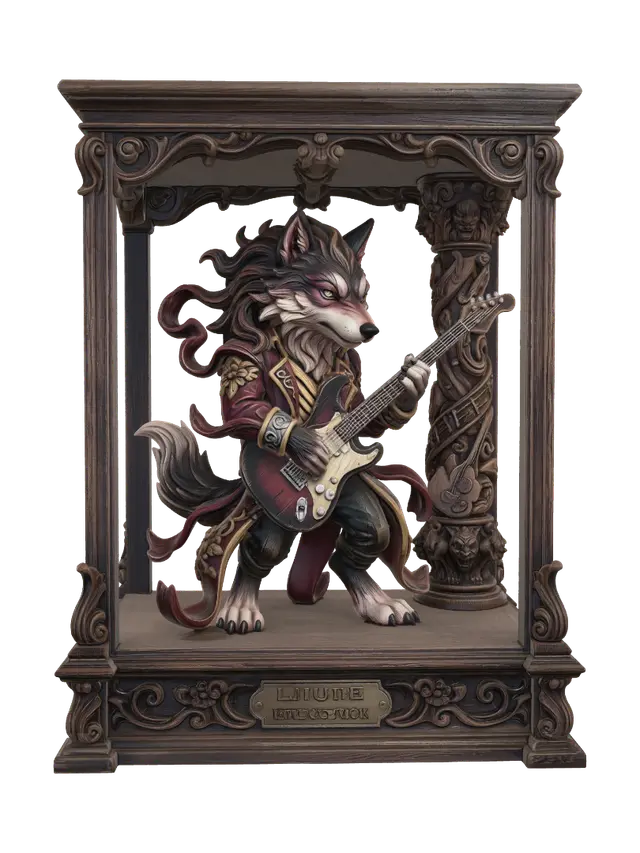 3D model for Hyper-realistic wooden carved Rococo–Art Nouveau caricatural chibi statue of an energetic wolf rock musician performing with an electric guitar. Wild hair spikes, chains, striped trousers and leather jacket explode outward into sweeping Rococo S-scrolls and flowing Art Nouveau ornamental ribbons. The guitar neck twists upward into an architectural support element integrated into a monumental console-pillar. Musical notes, amplifiers, stage lights and skeletal motifs dissolve into decorative cartouches, volutes and gothic rocaille ornament.Material:hardwood.Polychrome:deep weary colours ,pale skin ,deep black, crimson red, faded yellow, silver-grey and antique gold accents