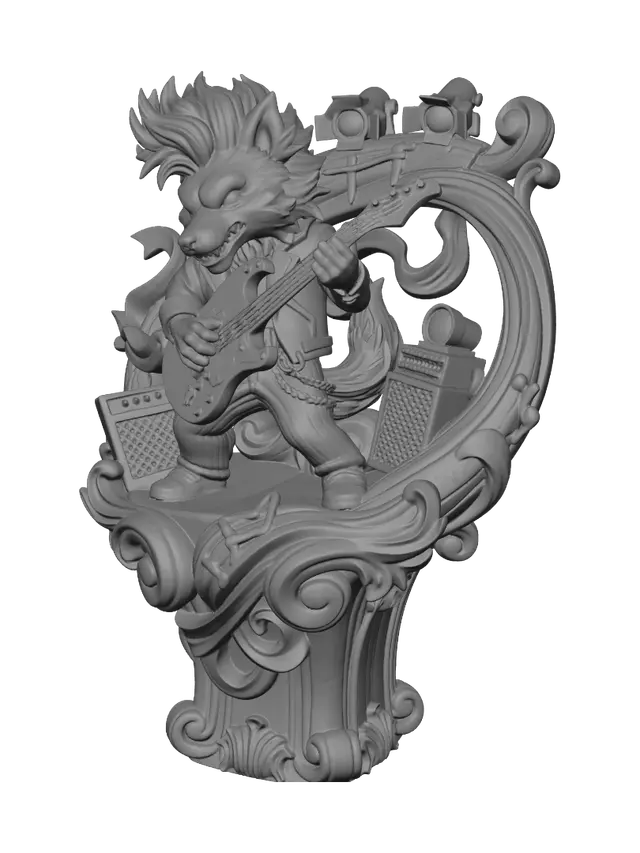 3D model for Hyper-realistic wooden carved Rococo–Art Nouveau caricatural chibi statue of an energetic wolf rock musician performing with an electric guitar. Wild hair spikes, chains, striped trousers and leather jacket explode outward into sweeping Rococo S-scrolls and flowing Art Nouveau ornamental ribbons. The guitar neck twists upward into an architectural support element integrated into a monumental console-pillar. Musical notes, amplifiers, stage lights and skeletal motifs dissolve into decorative cartouches, volutes and gothic rocaille ornament.Material:hardwood.Polychrome:deep weary colours ,pale skin ,deep black, crimson red, faded yellow, silver-grey and antique gold accents