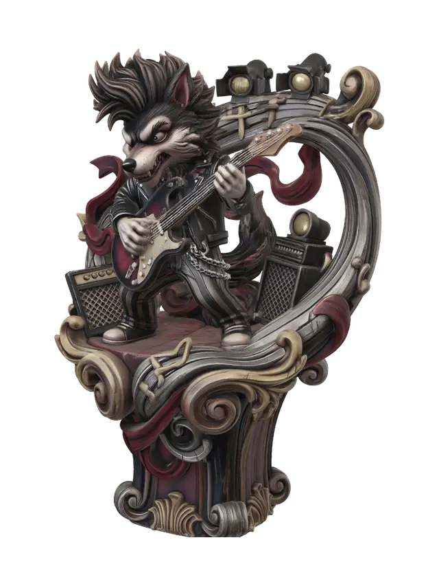 3D model for Hyper-realistic wooden carved Rococo–Art Nouveau caricatural chibi statue of an energetic wolf rock musician performing with an electric guitar. Wild hair spikes, chains, striped trousers and leather jacket explode outward into sweeping Rococo S-scrolls and flowing Art Nouveau ornamental ribbons. The guitar neck twists upward into an architectural support element integrated into a monumental console-pillar. Musical notes, amplifiers, stage lights and skeletal motifs dissolve into decorative cartouches, volutes and gothic rocaille ornament.Material:hardwood.Polychrome:deep weary colours ,pale skin ,deep black, crimson red, faded yellow, silver-grey and antique gold accents