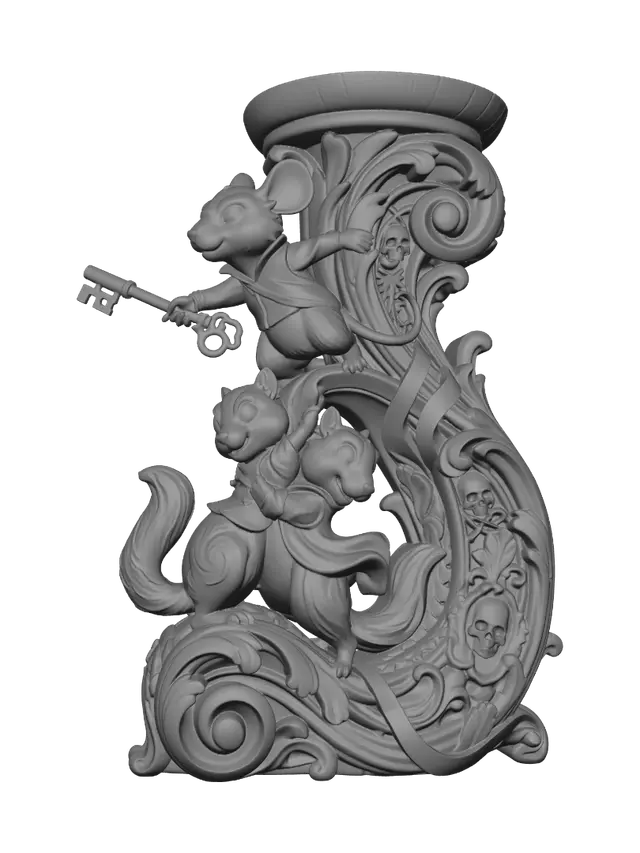 3D model for Hyper-realistic wooden carved Rococo–Art Nouveau caricatural chibi statue composition of three adventurous woodland heroes stacked in a daring rescue pose. A courageous mouse reaches forward holding a giant key while two chipmunk-like companions support her from below. Their intertwined bodies form a dynamic ascending S-curve that merges seamlessly into a monumental Rococo–Art Nouveau console-pillar. Flowing tails, clothing, keys, ropes and heroic movement transform into sweeping rocaille scrollwork and elegant Art Nouveau ribbons. Skeletal motifs are hidden within decorative cartouches, volutes and ornamental framework.Material:hardwood.Polychrome:deep weary colours ,pale skin ,warm browns, golden ochres, faded lavender, antique gold and pale ivory highlights