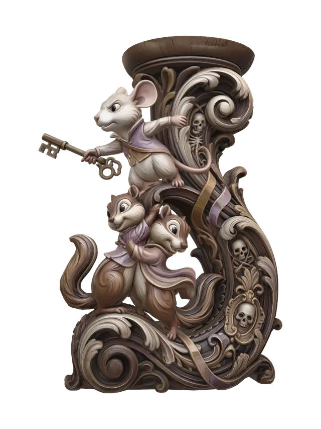 3D model for Hyper-realistic wooden carved Rococo–Art Nouveau caricatural chibi statue composition of three adventurous woodland heroes stacked in a daring rescue pose. A courageous mouse reaches forward holding a giant key while two chipmunk-like companions support her from below. Their intertwined bodies form a dynamic ascending S-curve that merges seamlessly into a monumental Rococo–Art Nouveau console-pillar. Flowing tails, clothing, keys, ropes and heroic movement transform into sweeping rocaille scrollwork and elegant Art Nouveau ribbons. Skeletal motifs are hidden within decorative cartouches, volutes and ornamental framework.Material:hardwood.Polychrome:deep weary colours ,pale skin ,warm browns, golden ochres, faded lavender, antique gold and pale ivory highlights