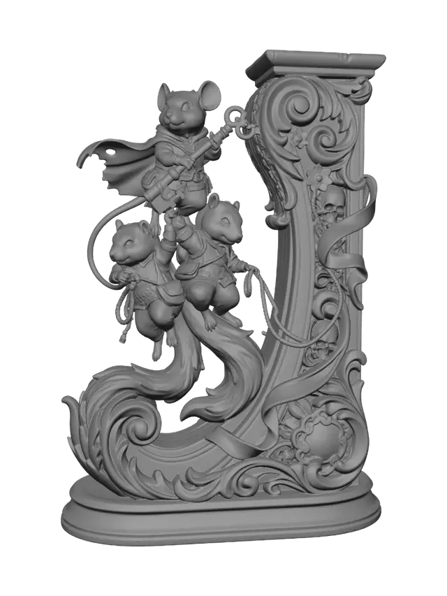 3D model for Hyper-realistic wooden carved Rococo–Art Nouveau caricatural chibi statue composition of three adventurous woodland heroes stacked in a daring rescue pose. A courageous mouse reaches forward holding a giant key while two chipmunk-like companions support her from below. Their intertwined bodies form a dynamic ascending S-curve that merges seamlessly into a monumental Rococo–Art Nouveau console-pillar. Flowing tails, clothing, keys, ropes and heroic movement transform into sweeping rocaille scrollwork and elegant Art Nouveau ribbons. Skeletal motifs are hidden within decorative cartouches, volutes and ornamental framework.Material:hardwood.Polychrome:deep weary colours ,pale skin ,warm browns, golden ochres, faded lavender, antique gold and pale ivory highlights