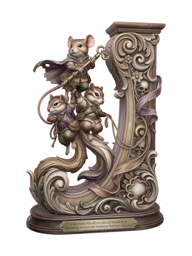 3D model for Hyper-realistic wooden carved Rococo–Art Nouveau caricatural chibi statue composition of three adventurous woodland heroes stacked in a daring rescue pose. A courageous mouse reaches forward holding a giant key while two chipmunk-like companions support her from below. Their intertwined bodies form a dynamic ascending S-curve that merges seamlessly into a monumental Rococo–Art Nouveau console-pillar. Flowing tails, clothing, keys, ropes and heroic movement transform into sweeping rocaille scrollwork and elegant Art Nouveau ribbons. Skeletal motifs are hidden within decorative cartouches, volutes and ornamental framework.Material:hardwood.Polychrome:deep weary colours ,pale skin ,warm browns, golden ochres, faded lavender, antique gold and pale ivory highlights