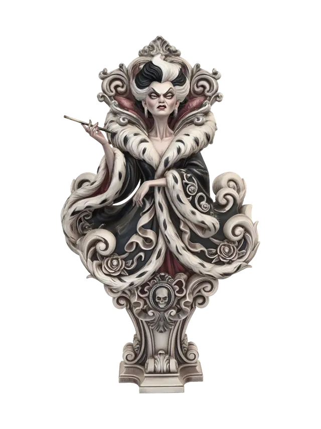 Hyper-realistic wooden carved Rococo–Art Nouveau caricatural chibi statue of an… - Villainess 3D model, vytvořený pomocí AI