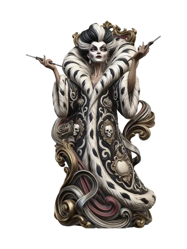 Hyper-realistic wooden carved Rococo–Art Nouveau caricatural chibi statue of an… - Villainess 3D model, vytvořený pomocí AI