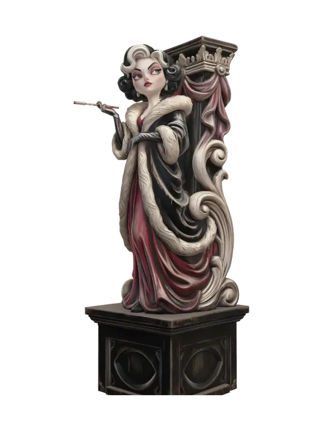 Hyper-realistic wooden carved Rococo–Art Nouveau caricatural chibi statue of an… - Villainess 3D model, vytvořený pomocí AI