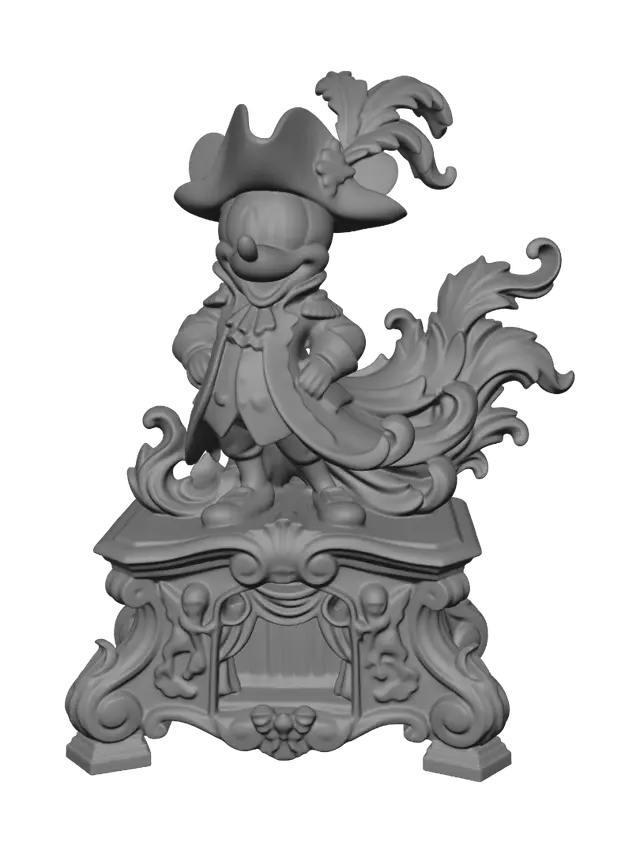 3D model for Hyper-realistic wooden carved Rococo–Art Nouveau caricatural chibi statue of a cheerful theatrical mouse ringmaster dressed in an opulent aristocratic costume. The elaborate coat tails, oversized bow and decorated hat explode outward into sweeping Rococo S-scrolls and elegant Art Nouveau ribbons that merge into a monumental console-pillar. Decorative stage curtains, theatrical masks, skeletal cherubs and ornamental cartouches emerge from the flowing garments. Large shoes transform into curled architectural volutes supporting the lower structure.Material:hardwood.Polychrome:deep weary colours ,pale skin,rich crimson reds, royal golds, deep blacks, ivory highlights