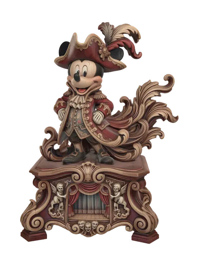 3D model for Hyper-realistic wooden carved Rococo–Art Nouveau caricatural chibi statue of a cheerful theatrical mouse ringmaster dressed in an opulent aristocratic costume. The elaborate coat tails, oversized bow and decorated hat explode outward into sweeping Rococo S-scrolls and elegant Art Nouveau ribbons that merge into a monumental console-pillar. Decorative stage curtains, theatrical masks, skeletal cherubs and ornamental cartouches emerge from the flowing garments. Large shoes transform into curled architectural volutes supporting the lower structure.Material:hardwood.Polychrome:deep weary colours ,pale skin,rich crimson reds, royal golds, deep blacks, ivory highlights