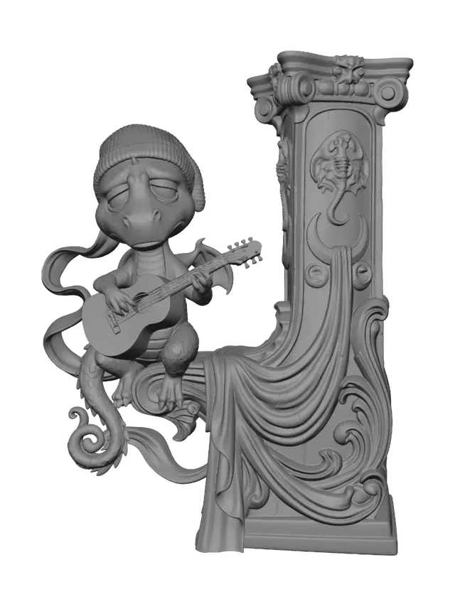 3D model for Hyper-realistic wooden carved Rococo–Art Nouveau caricatural chibi statue of a sorrowful dragon-like creature seated beneath a moonlit sky while playing an acoustic guitar. A festive winter cap and flowing ribbon create a touching contrast to the creature’s mournful expression. The guitar, ribbon and tail transform into sweeping Rococo scrollwork and elegant Art Nouveau drapery forming a monumental console-pillar. Skeletal dragon emblems, moon motifs and decorative cartouches emerge throughout the architecture.Material:hardwood.Polychrome:deep weary colours ,pale skin,muted winter greys, faded reds, pale ivory, moonlit blues and antique gold accents