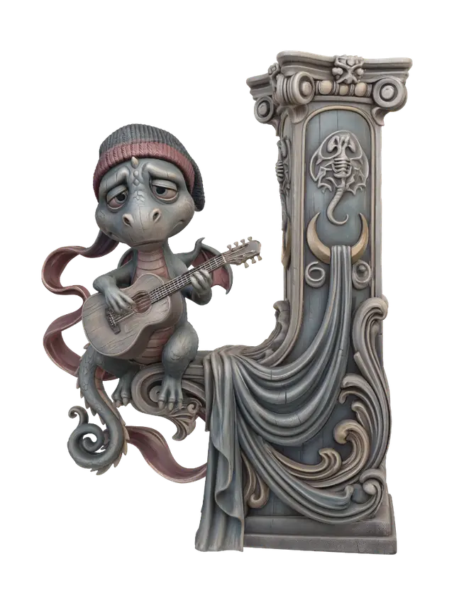 3D model for Hyper-realistic wooden carved Rococo–Art Nouveau caricatural chibi statue of a sorrowful dragon-like creature seated beneath a moonlit sky while playing an acoustic guitar. A festive winter cap and flowing ribbon create a touching contrast to the creature’s mournful expression. The guitar, ribbon and tail transform into sweeping Rococo scrollwork and elegant Art Nouveau drapery forming a monumental console-pillar. Skeletal dragon emblems, moon motifs and decorative cartouches emerge throughout the architecture.Material:hardwood.Polychrome:deep weary colours ,pale skin,muted winter greys, faded reds, pale ivory, moonlit blues and antique gold accents
