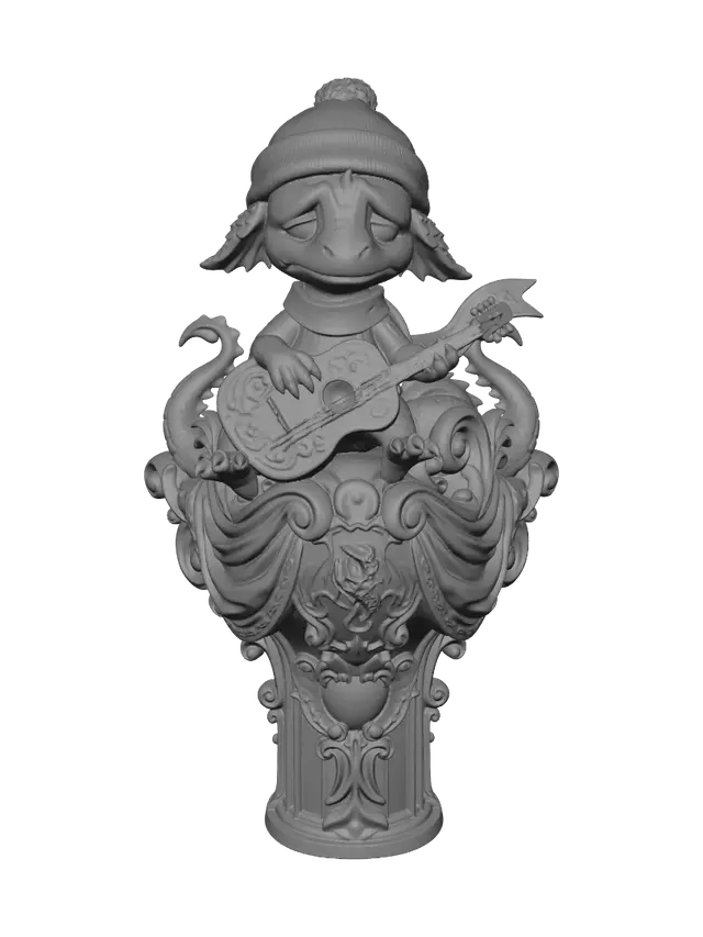 3D model for Hyper-realistic wooden carved Rococo–Art Nouveau caricatural chibi statue of a sorrowful dragon-like creature seated beneath a moonlit sky while playing an acoustic guitar. A festive winter cap and flowing ribbon create a touching contrast to the creature’s mournful expression. The guitar, ribbon and tail transform into sweeping Rococo scrollwork and elegant Art Nouveau drapery forming a monumental console-pillar. Skeletal dragon emblems, moon motifs and decorative cartouches emerge throughout the architecture.Material:hardwood.Polychrome:deep weary colours ,pale skin,muted winter greys, faded reds, pale ivory, moonlit blues and antique gold accents