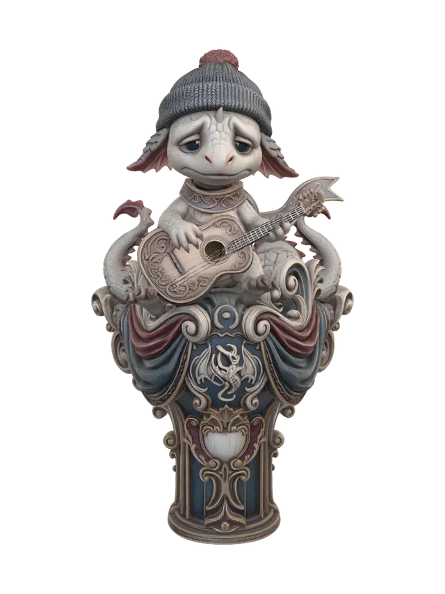 3D model for Hyper-realistic wooden carved Rococo–Art Nouveau caricatural chibi statue of a sorrowful dragon-like creature seated beneath a moonlit sky while playing an acoustic guitar. A festive winter cap and flowing ribbon create a touching contrast to the creature’s mournful expression. The guitar, ribbon and tail transform into sweeping Rococo scrollwork and elegant Art Nouveau drapery forming a monumental console-pillar. Skeletal dragon emblems, moon motifs and decorative cartouches emerge throughout the architecture.Material:hardwood.Polychrome:deep weary colours ,pale skin,muted winter greys, faded reds, pale ivory, moonlit blues and antique gold accents