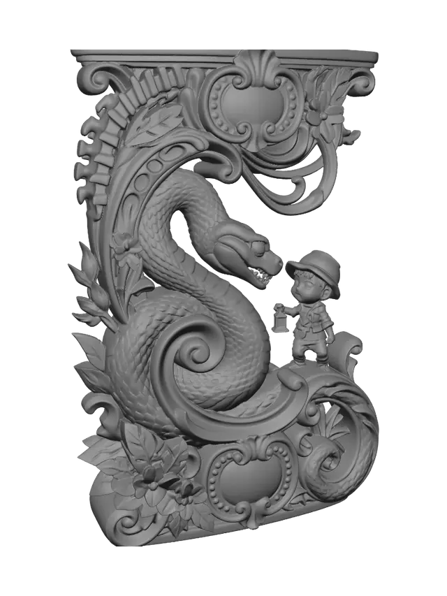3D model for Hyper-realistic wooden carved Rococo–Art Nouveau caricatural chibi statue of a charismatic giant jungle serpent confronting a fearless young explorer. The enormous coiled body spirals into monumental S-waved Rococo scrollwork and flowing Art Nouveau ribbons that become a structural console-pillar. Scales dissolve into elegant decorative filigree while skeletal snake vertebrae form cartouches, curling volutes and ornamental borders. Tropical vines and jungle flowers intertwine throughout the architecture.Material:hardwood.Polychrome:deep weary colours ,pale skin,jungle greens,browns,golden ochres