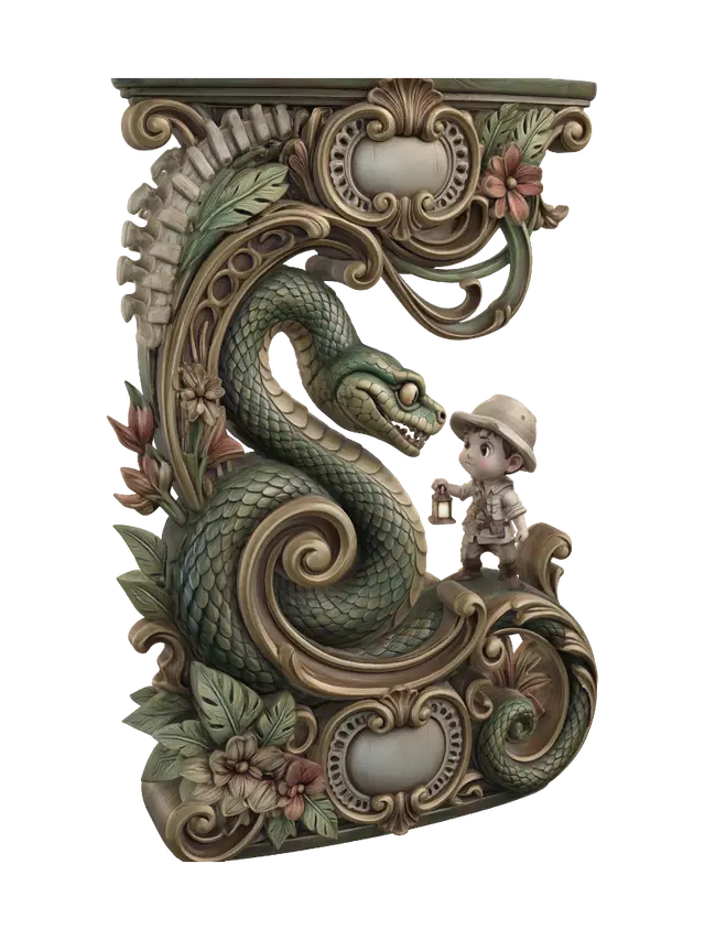 3D model for Hyper-realistic wooden carved Rococo–Art Nouveau caricatural chibi statue of a charismatic giant jungle serpent confronting a fearless young explorer. The enormous coiled body spirals into monumental S-waved Rococo scrollwork and flowing Art Nouveau ribbons that become a structural console-pillar. Scales dissolve into elegant decorative filigree while skeletal snake vertebrae form cartouches, curling volutes and ornamental borders. Tropical vines and jungle flowers intertwine throughout the architecture.Material:hardwood.Polychrome:deep weary colours ,pale skin,jungle greens,browns,golden ochres