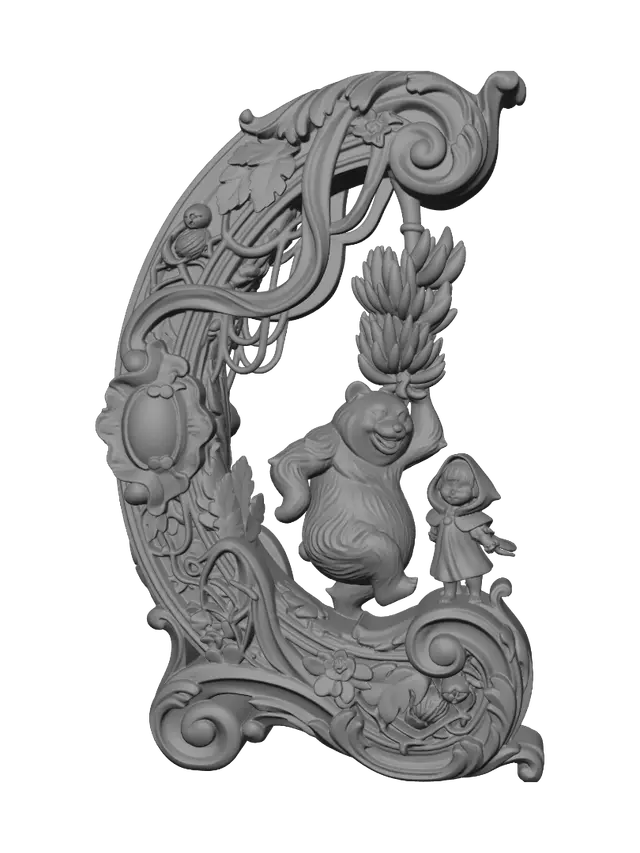 3D model for Hyper-realistic wooden carved Rococo–Art Nouveau caricatural chibi statue of a cheerful jungle bear dancing beside a young jungle child while balancing an enormous cluster of bananas. The bear's rounded anatomy, joyful grin and flowing fur merge into monumental S-waved Rococo scrollwork and elegant Art Nouveau whiplash ribbons forming a grand console-pillar. Banana leaves, jungle vines, tropical flowers and skeletal jungle creatures dissolve into decorative cartouches and ornate curling volutes.Material:hardwood.Polychrome:deep weary colours ,pale skin,weary deep forest greens, warm greys, golden yellows, rich browns