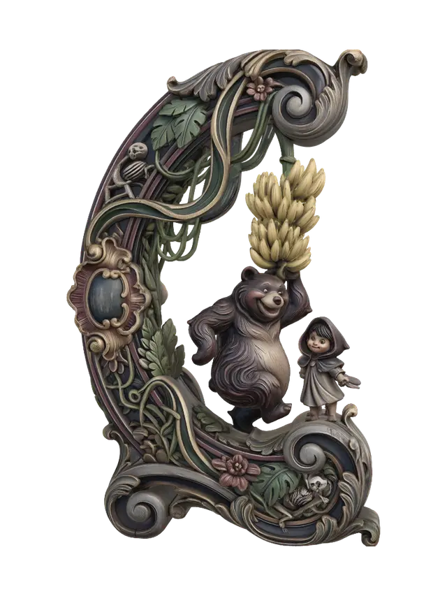 3D model for Hyper-realistic wooden carved Rococo–Art Nouveau caricatural chibi statue of a cheerful jungle bear dancing beside a young jungle child while balancing an enormous cluster of bananas. The bear's rounded anatomy, joyful grin and flowing fur merge into monumental S-waved Rococo scrollwork and elegant Art Nouveau whiplash ribbons forming a grand console-pillar. Banana leaves, jungle vines, tropical flowers and skeletal jungle creatures dissolve into decorative cartouches and ornate curling volutes.Material:hardwood.Polychrome:deep weary colours ,pale skin,weary deep forest greens, warm greys, golden yellows, rich browns
