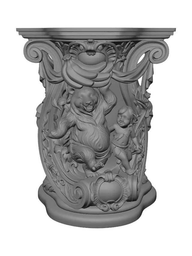 3D model for Hyper-realistic wooden carved Rococo–Art Nouveau caricatural chibi statue of a cheerful jungle bear dancing beside a young jungle child while balancing an enormous cluster of bananas. The bear's rounded anatomy, joyful grin and flowing fur merge into monumental S-waved Rococo scrollwork and elegant Art Nouveau whiplash ribbons forming a grand console-pillar. Banana leaves, jungle vines, tropical flowers and skeletal jungle creatures dissolve into decorative cartouches and ornate curling volutes.Material:hardwood.Polychrome:deep weary colours ,pale skin,weary deep forest greens, warm greys, golden yellows, rich browns