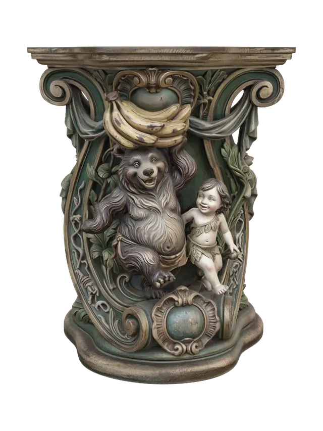 3D model for Hyper-realistic wooden carved Rococo–Art Nouveau caricatural chibi statue of a cheerful jungle bear dancing beside a young jungle child while balancing an enormous cluster of bananas. The bear's rounded anatomy, joyful grin and flowing fur merge into monumental S-waved Rococo scrollwork and elegant Art Nouveau whiplash ribbons forming a grand console-pillar. Banana leaves, jungle vines, tropical flowers and skeletal jungle creatures dissolve into decorative cartouches and ornate curling volutes.Material:hardwood.Polychrome:deep weary colours ,pale skin,weary deep forest greens, warm greys, golden yellows, rich browns