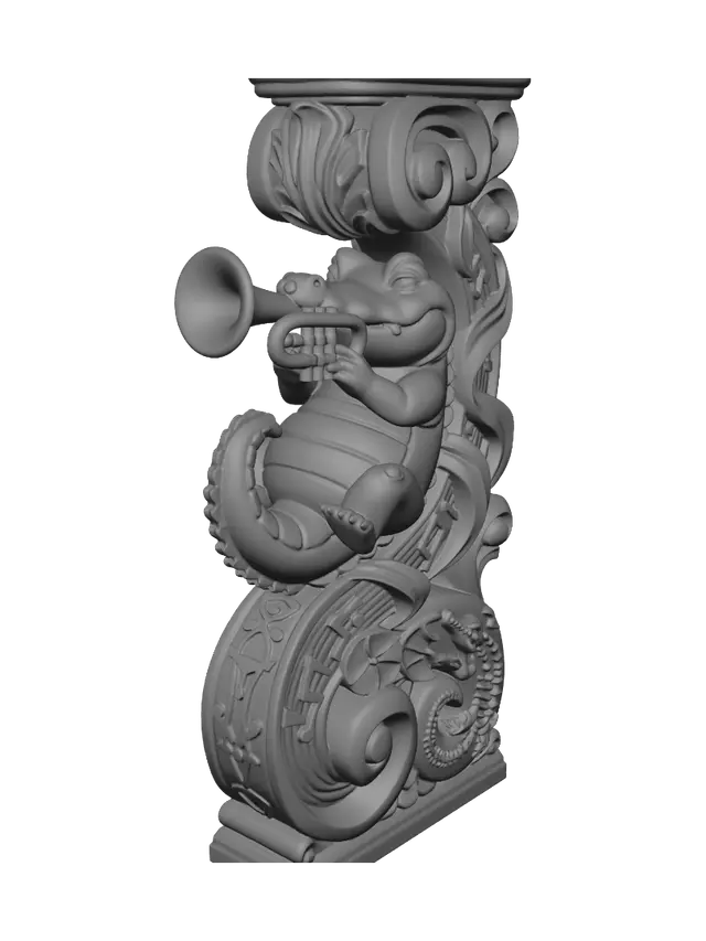 3D model for Hyper-realistic wooden carved Rococo–Art Nouveau caricatural chibi statue of a rotund crocodile joyfully performing on an ornate trumpet. The oversized belly, curled tail and musical energy spiral into monumental Rococo S-scrolls and flowing Art Nouveau ribbons that merge into a towering console-pillar. Trumpet bells, musical notes, lily pads and skeletal reptilian motifs dissolve into decorative cartouches and elaborate volutes.Material:hardwood.Polychrome:deep weary colours ,pale skin,deep olive greens, muted yellows, antique brass, ivory highlights and aged gold ornament