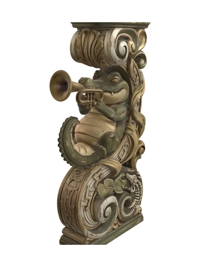 3D model for Hyper-realistic wooden carved Rococo–Art Nouveau caricatural chibi statue of a rotund crocodile joyfully performing on an ornate trumpet. The oversized belly, curled tail and musical energy spiral into monumental Rococo S-scrolls and flowing Art Nouveau ribbons that merge into a towering console-pillar. Trumpet bells, musical notes, lily pads and skeletal reptilian motifs dissolve into decorative cartouches and elaborate volutes.Material:hardwood.Polychrome:deep weary colours ,pale skin,deep olive greens, muted yellows, antique brass, ivory highlights and aged gold ornament
