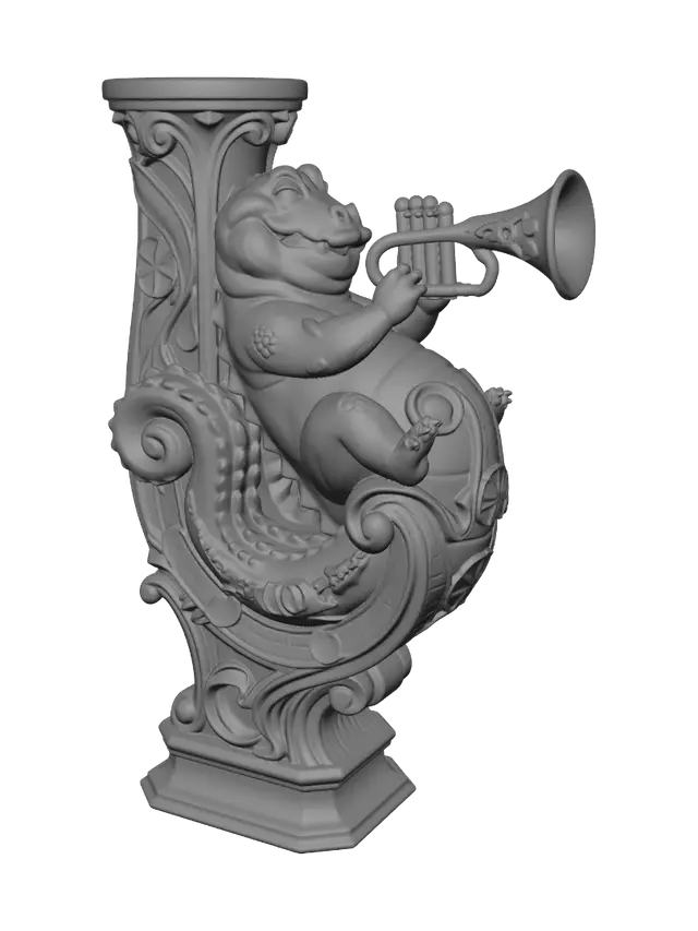3D model for Hyper-realistic wooden carved Rococo–Art Nouveau caricatural chibi statue of a rotund crocodile joyfully performing on an ornate trumpet. The oversized belly, curled tail and musical energy spiral into monumental Rococo S-scrolls and flowing Art Nouveau ribbons that merge into a towering console-pillar. Trumpet bells, musical notes, lily pads and skeletal reptilian motifs dissolve into decorative cartouches and elaborate volutes.Material:hardwood.Polychrome:deep weary colours ,pale skin,deep olive greens, muted yellows, antique brass, ivory highlights and aged gold ornament