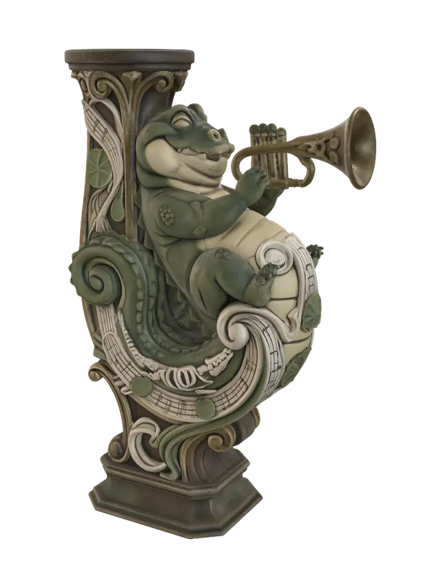 3D model for Hyper-realistic wooden carved Rococo–Art Nouveau caricatural chibi statue of a rotund crocodile joyfully performing on an ornate trumpet. The oversized belly, curled tail and musical energy spiral into monumental Rococo S-scrolls and flowing Art Nouveau ribbons that merge into a towering console-pillar. Trumpet bells, musical notes, lily pads and skeletal reptilian motifs dissolve into decorative cartouches and elaborate volutes.Material:hardwood.Polychrome:deep weary colours ,pale skin,deep olive greens, muted yellows, antique brass, ivory highlights and aged gold ornament