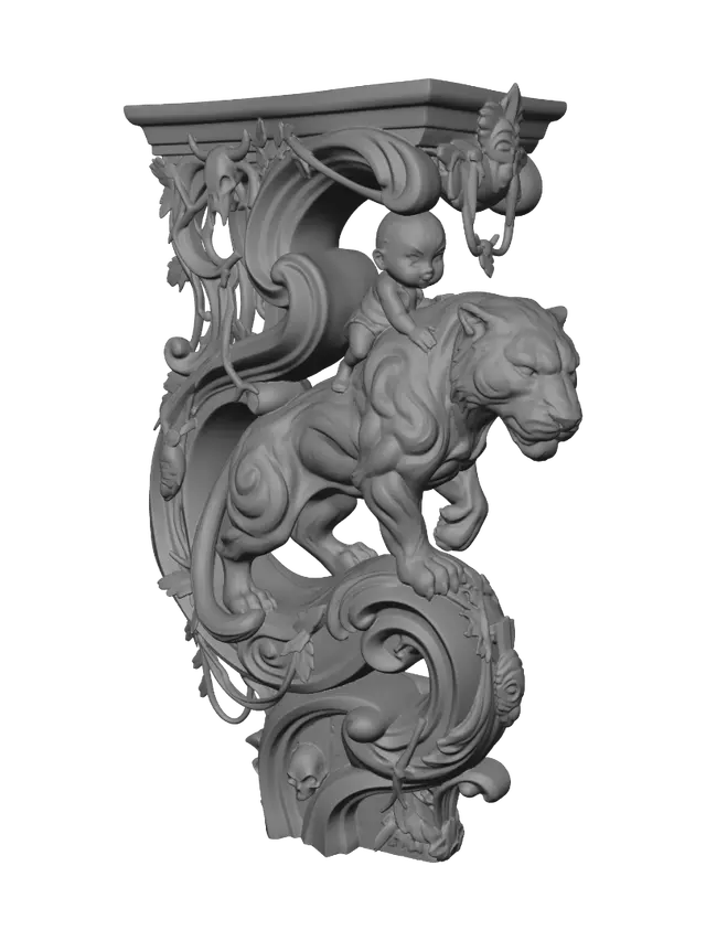 3D model for Hyper-realistic wooden carved Rococo–Art Nouveau caricatural chibi statue of a powerful black panther gently carrying a fearless jungle child across its broad shoulders. Flowing muscles, sleek fur, curling tail and dynamic movement merge into monumental S-waved Rococo scrollwork and elegant Art Nouveau structural ribbons forming a grand console-pillar. Jungle vines, leaves, skeletal feline motifs and tribal relics dissolve into decorative cartouches and elaborate curling volutes.Material:hardwood.Polychrome:deep weary colours ,pale skin,deep charcoal blacks, muted jungle greens, rich browns and antique bronze accents