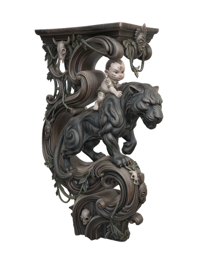 3D model for Hyper-realistic wooden carved Rococo–Art Nouveau caricatural chibi statue of a powerful black panther gently carrying a fearless jungle child across its broad shoulders. Flowing muscles, sleek fur, curling tail and dynamic movement merge into monumental S-waved Rococo scrollwork and elegant Art Nouveau structural ribbons forming a grand console-pillar. Jungle vines, leaves, skeletal feline motifs and tribal relics dissolve into decorative cartouches and elaborate curling volutes.Material:hardwood.Polychrome:deep weary colours ,pale skin,deep charcoal blacks, muted jungle greens, rich browns and antique bronze accents
