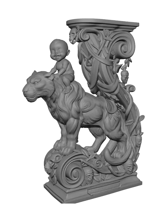 3D model for Hyper-realistic wooden carved Rococo–Art Nouveau caricatural chibi statue of a powerful black panther gently carrying a fearless jungle child across its broad shoulders. Flowing muscles, sleek fur, curling tail and dynamic movement merge into monumental S-waved Rococo scrollwork and elegant Art Nouveau structural ribbons forming a grand console-pillar. Jungle vines, leaves, skeletal feline motifs and tribal relics dissolve into decorative cartouches and elaborate curling volutes.Material:hardwood.Polychrome:deep weary colours ,pale skin,deep charcoal blacks, muted jungle greens, rich browns and antique bronze accents