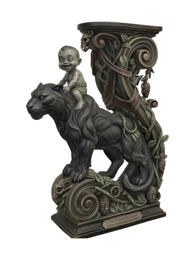 3D model for Hyper-realistic wooden carved Rococo–Art Nouveau caricatural chibi statue of a powerful black panther gently carrying a fearless jungle child across its broad shoulders. Flowing muscles, sleek fur, curling tail and dynamic movement merge into monumental S-waved Rococo scrollwork and elegant Art Nouveau structural ribbons forming a grand console-pillar. Jungle vines, leaves, skeletal feline motifs and tribal relics dissolve into decorative cartouches and elaborate curling volutes.Material:hardwood.Polychrome:deep weary colours ,pale skin,deep charcoal blacks, muted jungle greens, rich browns and antique bronze accents