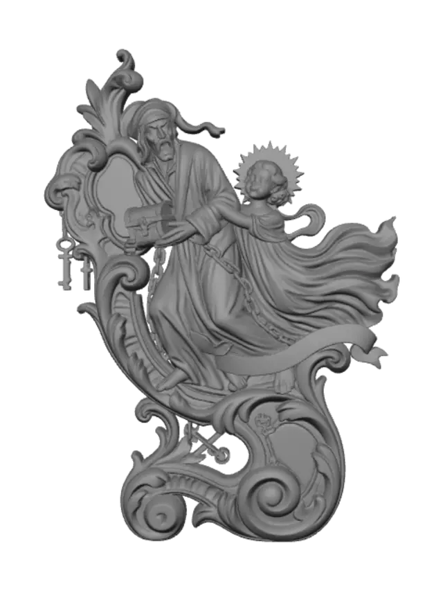 3D model for Hyper-realistic wooden carved Rococo–Art Nouveau caricatural chibi dual-figure statue of a terrified elderly miser recoiling from the playful Ghost of Christmas Past, wrapped in flowing spectral chains. Their elongated limbs and swirling ghostly robes merge into a monumental S-waved Rococo–Art Nouveau console-pillar. Chains, haunted candles, antique clocks, skeletal keys and cracked treasure chests dissolve into elaborate decorative cartouches and curling volutes.Material:hardwood.Polychrome:deep weary colours ,weary icy blues, faded ivory, deep crimson, muted emeralds and pale ghostly skin tones