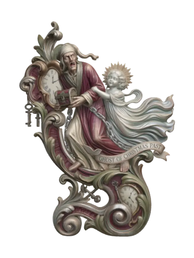 3D model for Hyper-realistic wooden carved Rococo–Art Nouveau caricatural chibi dual-figure statue of a terrified elderly miser recoiling from the playful Ghost of Christmas Past, wrapped in flowing spectral chains. Their elongated limbs and swirling ghostly robes merge into a monumental S-waved Rococo–Art Nouveau console-pillar. Chains, haunted candles, antique clocks, skeletal keys and cracked treasure chests dissolve into elaborate decorative cartouches and curling volutes.Material:hardwood.Polychrome:deep weary colours ,weary icy blues, faded ivory, deep crimson, muted emeralds and pale ghostly skin tones