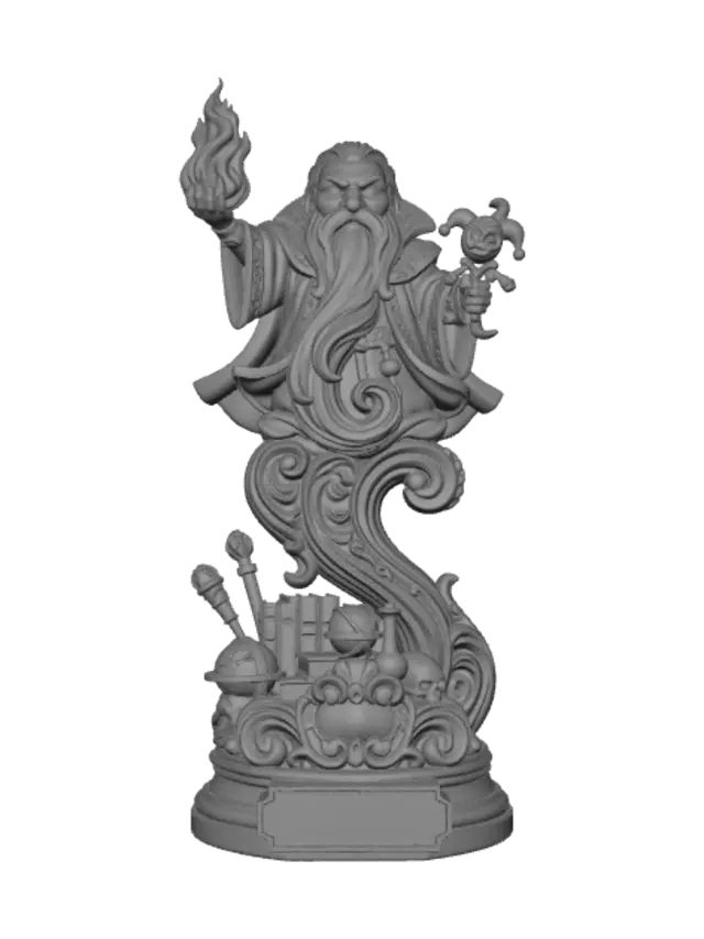3D model for Hyper-realistic wooden carved Rococo–Art Nouveau caricatural chibi statue of an ancient long-bearded archmage dramatically raising a blazing spell while clutching a mischievous jester puppet. His endless beard, flowing robes and magical ribbons transform into a monumental S-waved Rococo–Art Nouveau console-pillar. Arcane books, staffs, celestial spheres, skeletal relics, enchanted flames and mystical laboratory artifacts dissolve into elaborate decorative cartouches and curling volutes. Material:hardwood.Polychrome:deep weary colours ,pale skin tones weary deep sapphire, crimson, antique gold, ivory,