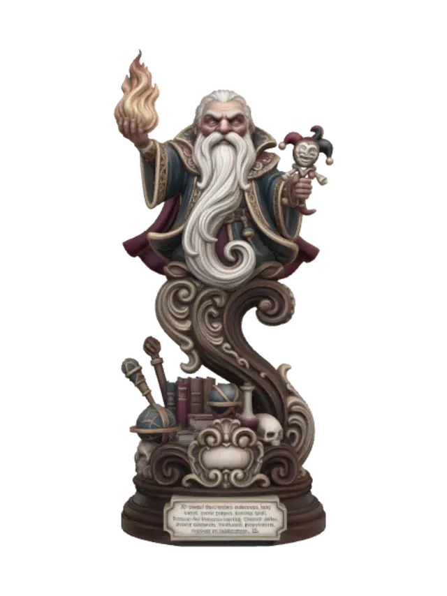 3D model for Hyper-realistic wooden carved Rococo–Art Nouveau caricatural chibi statue of an ancient long-bearded archmage dramatically raising a blazing spell while clutching a mischievous jester puppet. His endless beard, flowing robes and magical ribbons transform into a monumental S-waved Rococo–Art Nouveau console-pillar. Arcane books, staffs, celestial spheres, skeletal relics, enchanted flames and mystical laboratory artifacts dissolve into elaborate decorative cartouches and curling volutes. Material:hardwood.Polychrome:deep weary colours ,pale skin tones weary deep sapphire, crimson, antique gold, ivory,