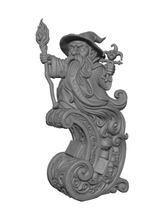 3D model for Hyper-realistic wooden carved Rococo–Art Nouveau caricatural chibi statue of an ancient long-bearded archmage dramatically raising a blazing spell while clutching a mischievous jester puppet. His endless beard, flowing robes and magical ribbons transform into a monumental S-waved Rococo–Art Nouveau console-pillar. Arcane books, staffs, celestial spheres, skeletal relics, enchanted flames and mystical laboratory artifacts dissolve into elaborate decorative cartouches and curling volutes. Material:hardwood.Polychrome:deep weary colours ,pale skin tones weary deep sapphire, crimson, antique gold, ivory,