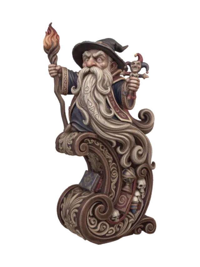 3D model for Hyper-realistic wooden carved Rococo–Art Nouveau caricatural chibi statue of an ancient long-bearded archmage dramatically raising a blazing spell while clutching a mischievous jester puppet. His endless beard, flowing robes and magical ribbons transform into a monumental S-waved Rococo–Art Nouveau console-pillar. Arcane books, staffs, celestial spheres, skeletal relics, enchanted flames and mystical laboratory artifacts dissolve into elaborate decorative cartouches and curling volutes. Material:hardwood.Polychrome:deep weary colours ,pale skin tones weary deep sapphire, crimson, antique gold, ivory,