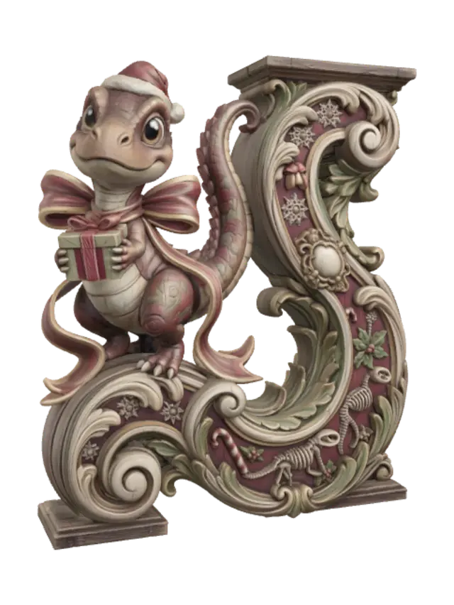Hyper-realistic wooden carved Rococo–Art Nouveau caricatural chibi statue of an… - Santahat 3D model, vytvořený pomocí AI