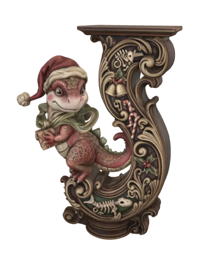 Hyper-realistic wooden carved Rococo–Art Nouveau caricatural chibi statue of an… - Santahat 3D model, vytvořený pomocí AI