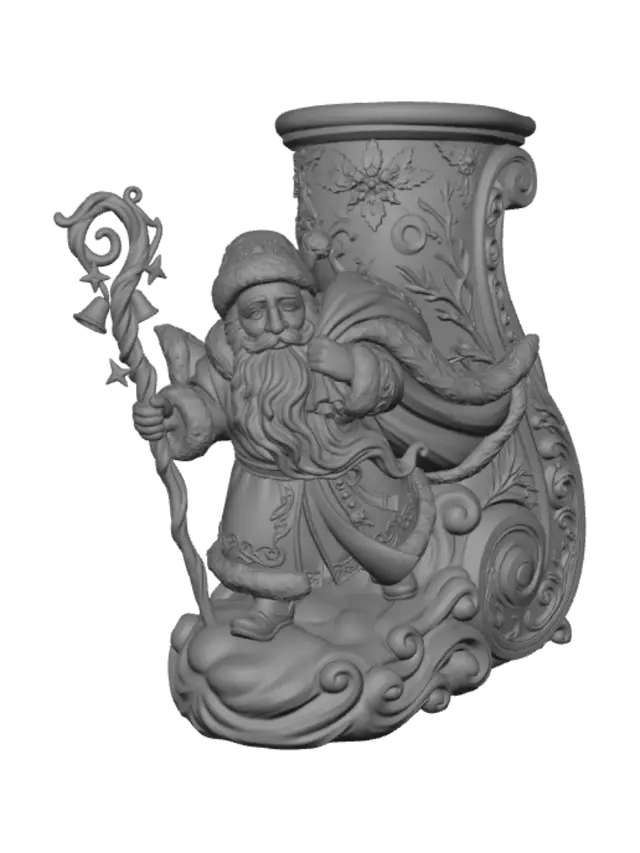 3D model for Hyper-realistic wooden carved Rococo–Art Nouveau caricatural chibi Father Christmas wearing an immense embroidered ceremonial cloak while striding through swirling snow with an ornate enchanted staff. Flowing beard, fur-lined robes and wind-blown mantle merge into a monumental S-waved Rococo–Art Nouveau console-pillar. Snowflakes, stars, bells, ornaments, holly, skeletal winter relics and celestial symbols dissolve into decorative cartouches and elegant volutes.Material:hardwood.Polychrome:deep weary colours ,pale skin tones ,crimson, emerald, ivory, antique gold