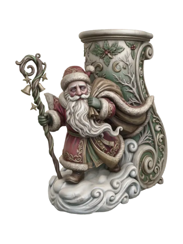 3D model for Hyper-realistic wooden carved Rococo–Art Nouveau caricatural chibi Father Christmas wearing an immense embroidered ceremonial cloak while striding through swirling snow with an ornate enchanted staff. Flowing beard, fur-lined robes and wind-blown mantle merge into a monumental S-waved Rococo–Art Nouveau console-pillar. Snowflakes, stars, bells, ornaments, holly, skeletal winter relics and celestial symbols dissolve into decorative cartouches and elegant volutes.Material:hardwood.Polychrome:deep weary colours ,pale skin tones ,crimson, emerald, ivory, antique gold