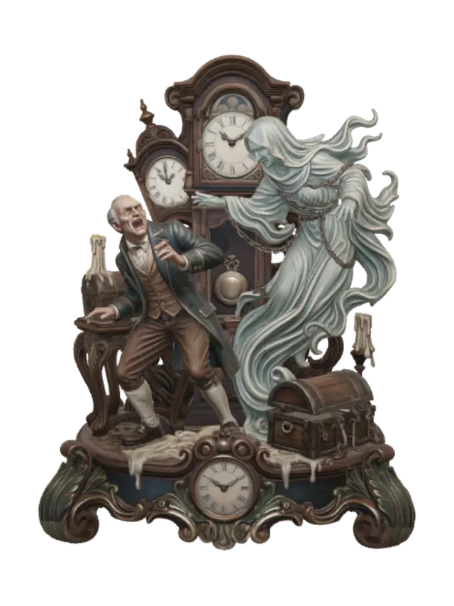 Modello 3D Hyper-realistic wooden carved Rococo–Art Nouveau caricatural chibi dual-figure statue… - Miser, generato dall’IA