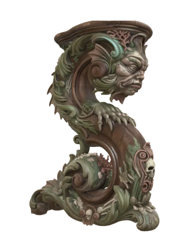 Hyper-realistic wooden carved Rococo–Art Nouveau caricatural undead amphibious… - Monstrosity 3D model, vytvořený pomocí AI