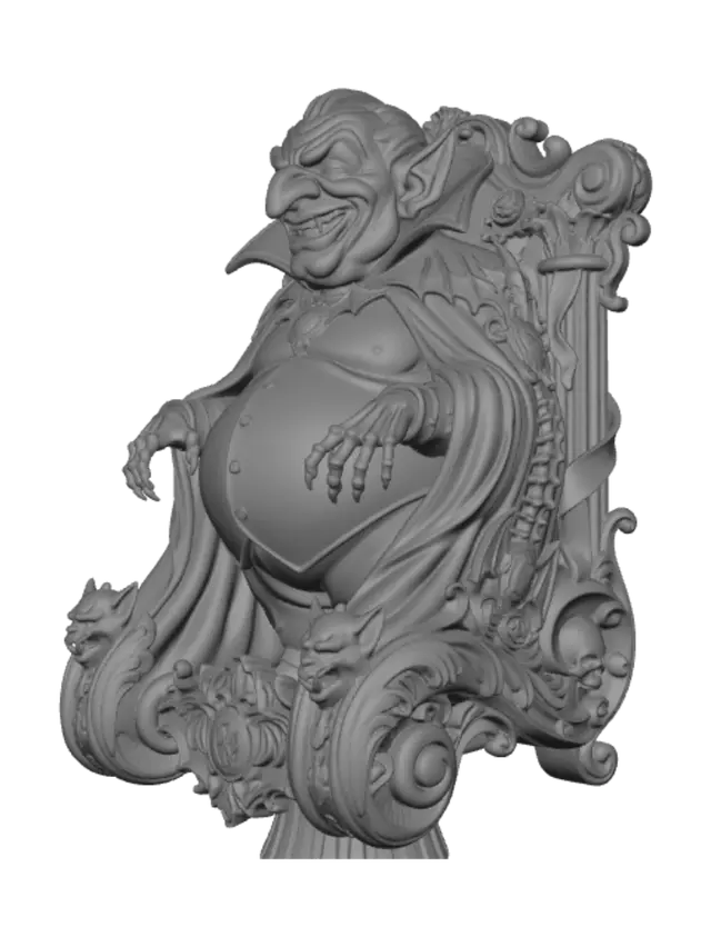 3D model for Hyper-realistic wooden carved Rococo–Art Nouveau caricatural undead vampire count with an exaggerated rotund aristocratic body, immense hooked nose, sweeping widow's peak, enormous pointed ears and theatrical fanged grin. His towering crimson-lined cape erupts into monumental S-waved Rococo–Art Nouveau console-pillar architecture, flowing into elegant rocaille scrolls and whiplash Art Nouveau ribbons. Skeletal hands, bat wings, gothic roses, vertebrae, vampire medallions, gargoyle masks and skulls dissolve into elaborate decorative cartouches and curling volutes. Material: polished walnut and ebony hardwood with exceptionally fine anatomical carving. Polychrome: weary crimson reds, deep ebony blacks, antique ivory, muted gold and pale undead flesh tones. Surface: cracked varnish