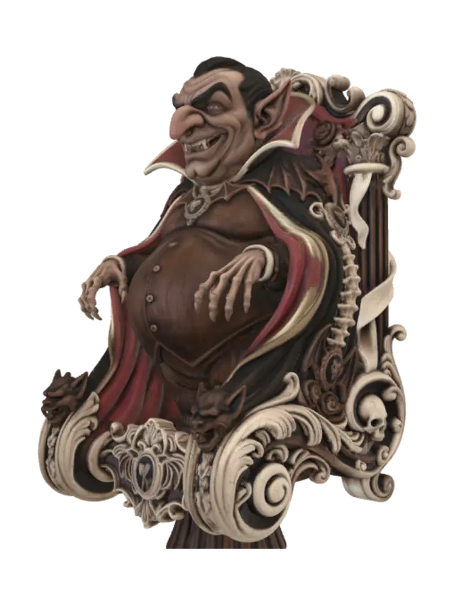 3D model for Hyper-realistic wooden carved Rococo–Art Nouveau caricatural undead vampire count with an exaggerated rotund aristocratic body, immense hooked nose, sweeping widow's peak, enormous pointed ears and theatrical fanged grin. His towering crimson-lined cape erupts into monumental S-waved Rococo–Art Nouveau console-pillar architecture, flowing into elegant rocaille scrolls and whiplash Art Nouveau ribbons. Skeletal hands, bat wings, gothic roses, vertebrae, vampire medallions, gargoyle masks and skulls dissolve into elaborate decorative cartouches and curling volutes. Material: polished walnut and ebony hardwood with exceptionally fine anatomical carving. Polychrome: weary crimson reds, deep ebony blacks, antique ivory, muted gold and pale undead flesh tones. Surface: cracked varnish